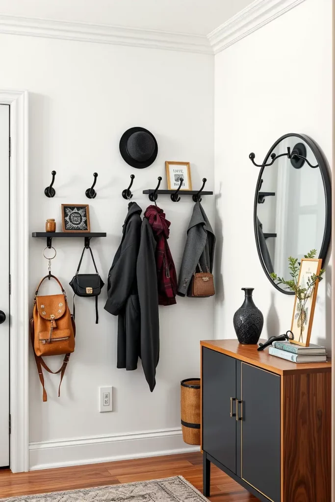 Stylish wall hooks in entryway
