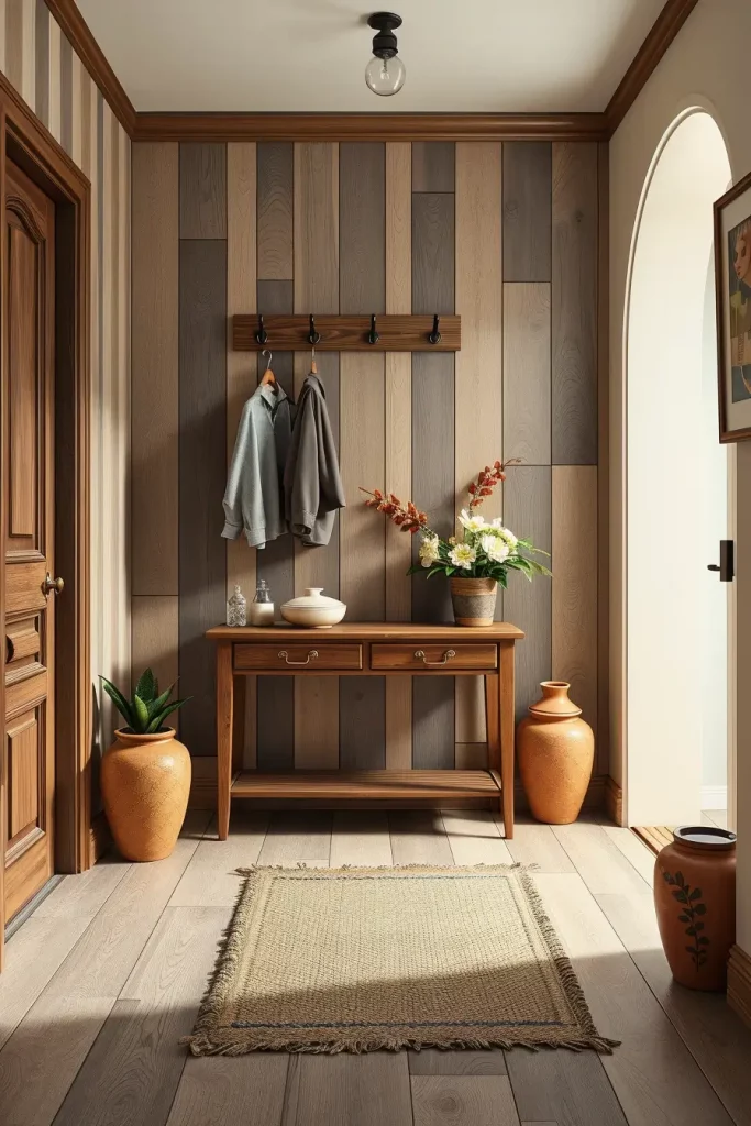 Wood console table with woven runner