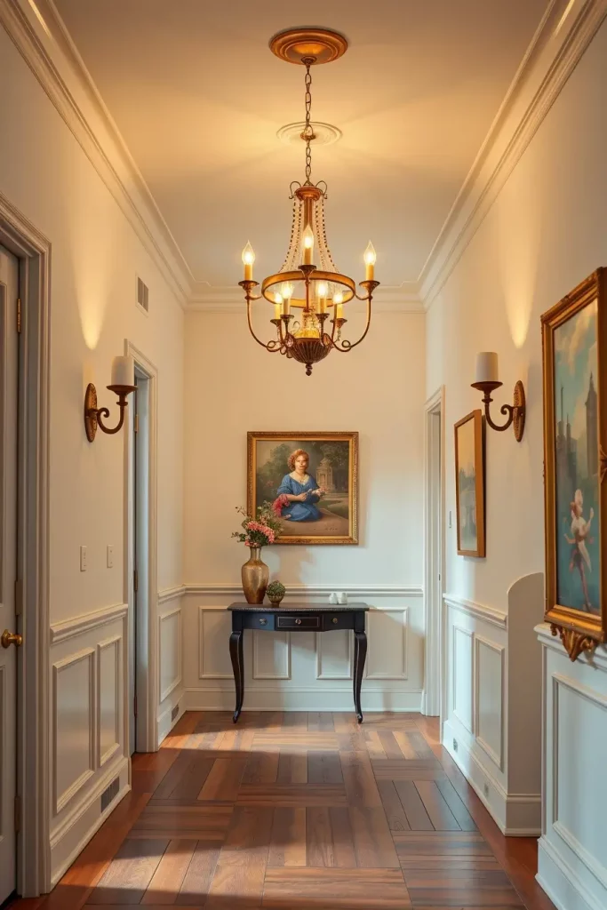 Brass chandelier in vintage hallway