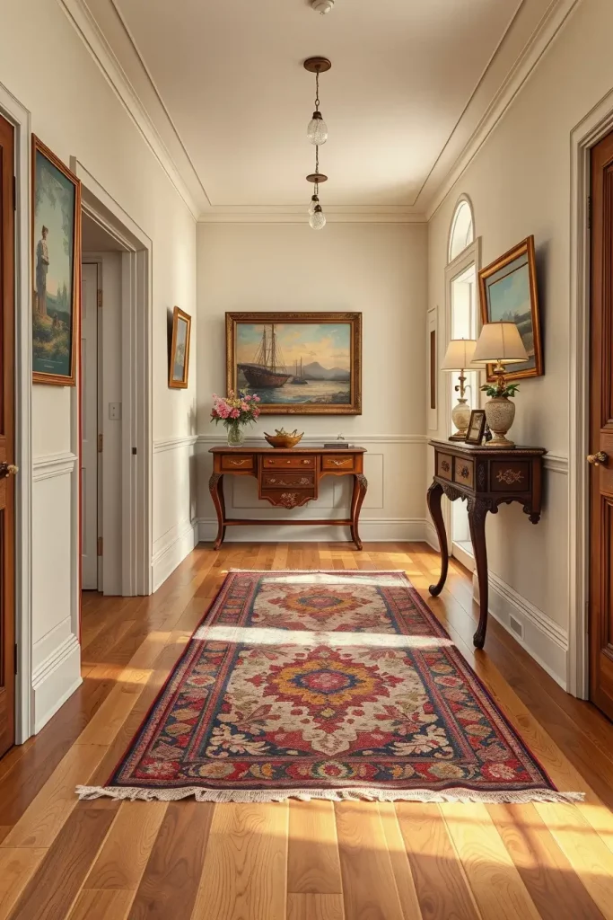 Worn Persian rug in hallway