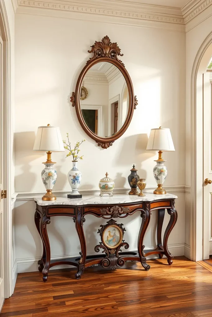 Console table with porcelain lamps