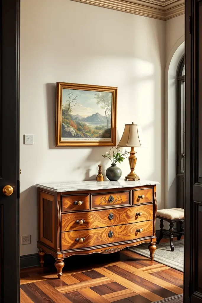 Repurposed vintage furniture in hallway