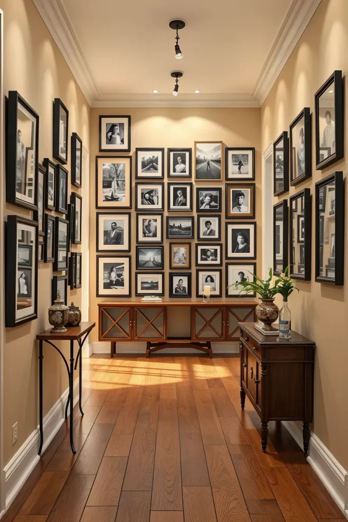 Black and white photo gallery in hallway