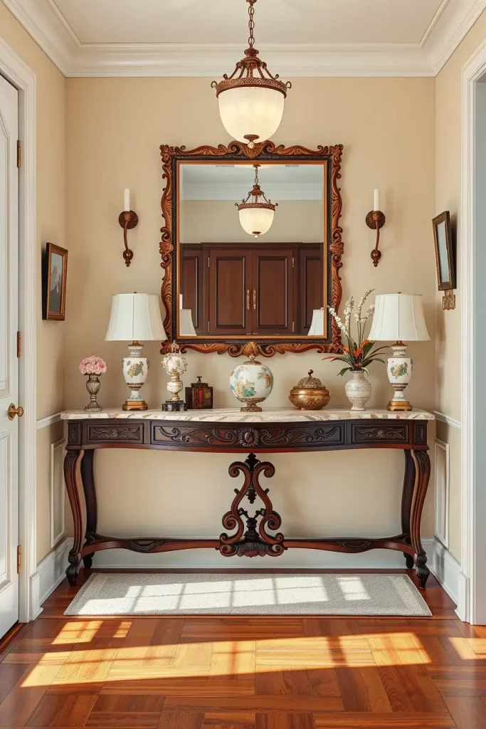Classic console table with decorative items