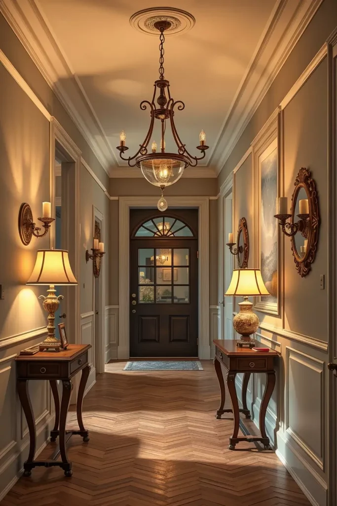 Layered lighting in vintage hallway