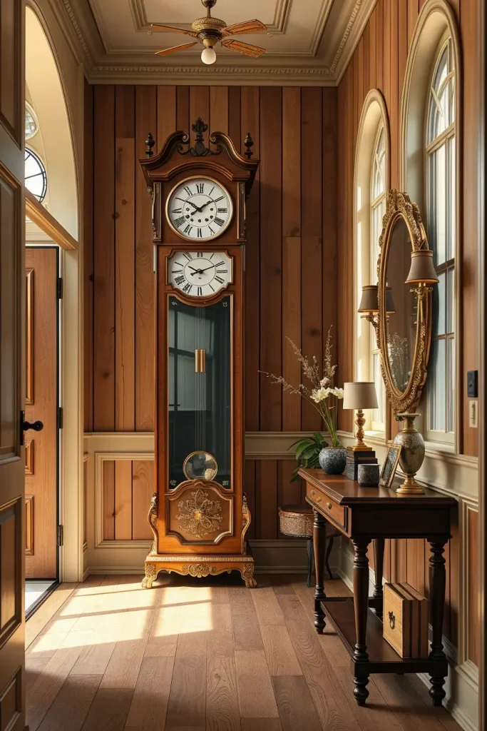 Hallway clock with wooden paneling