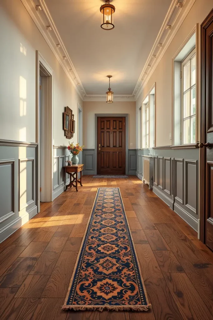 Wood floor with patterned runner