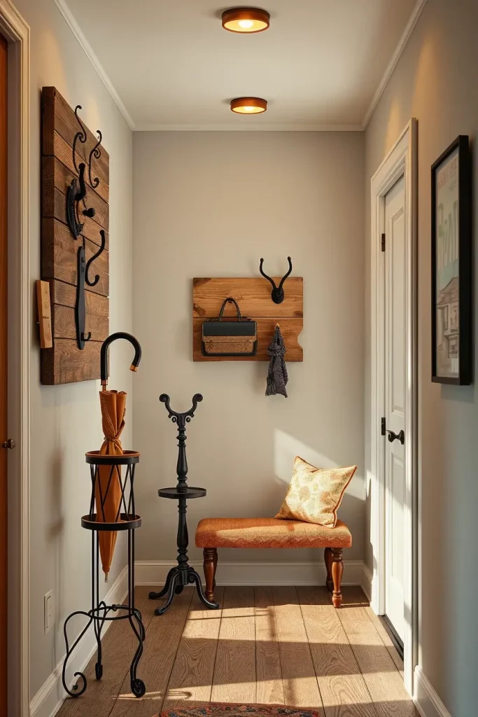 Handcrafted hooks in hallway