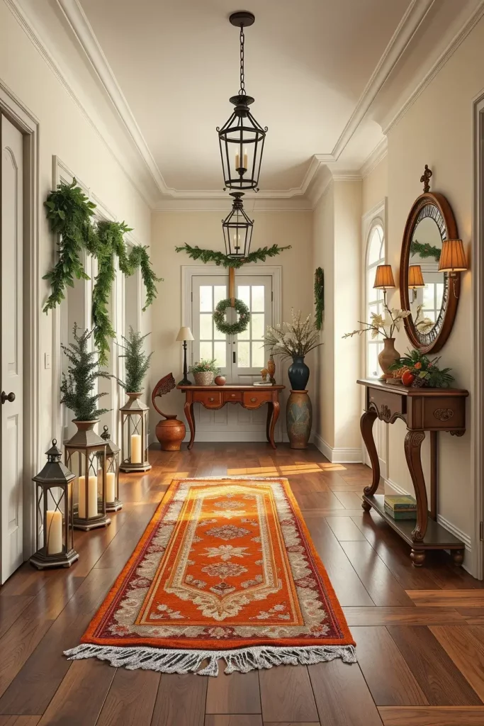 Seasonal decor in vintage hallway