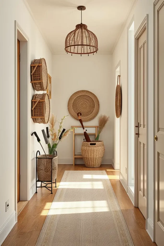 Standing woven basket in hallway