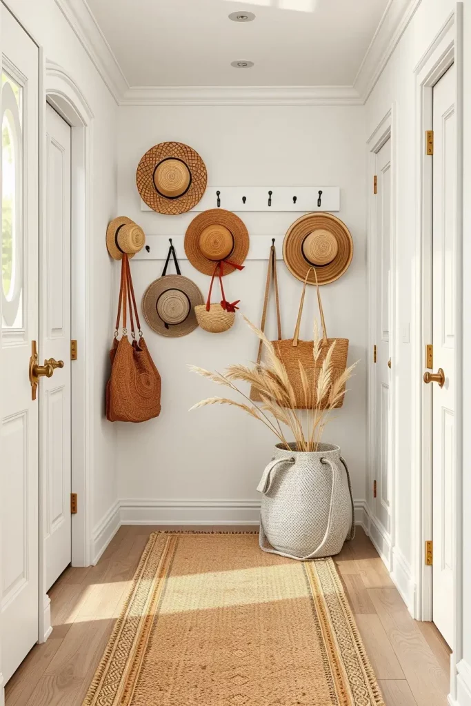 Straw hats and bags on wall