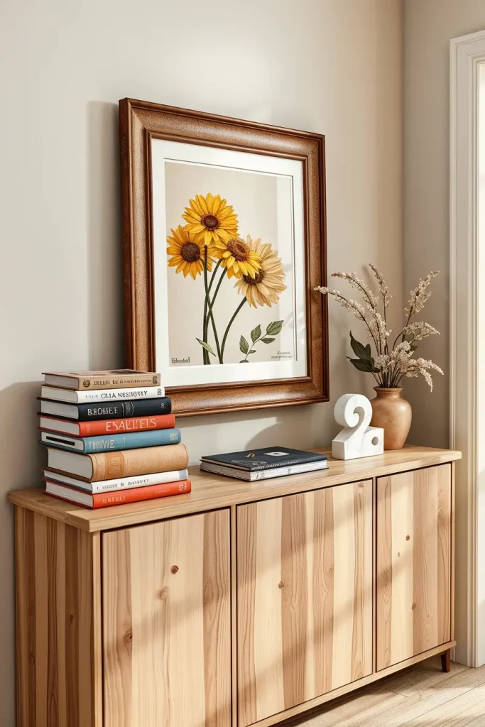 Books and prints on console