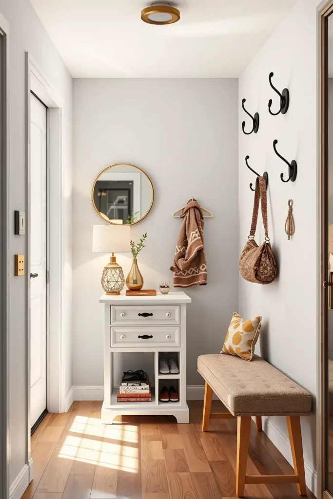 Floating shelf with hooks in entryway