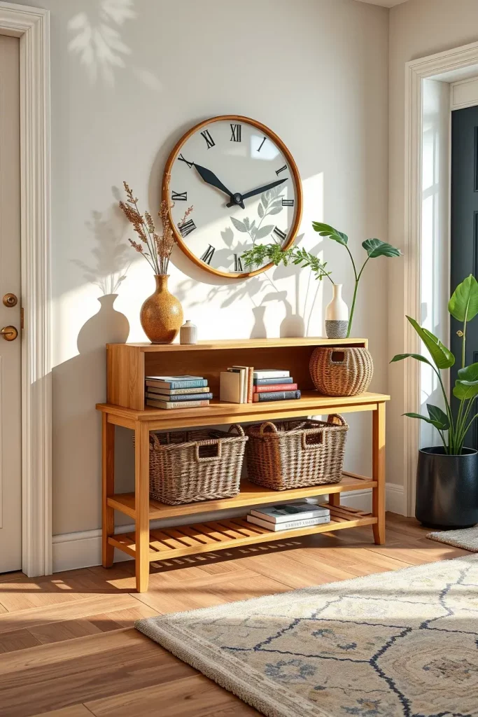Decorated entry table with baskets