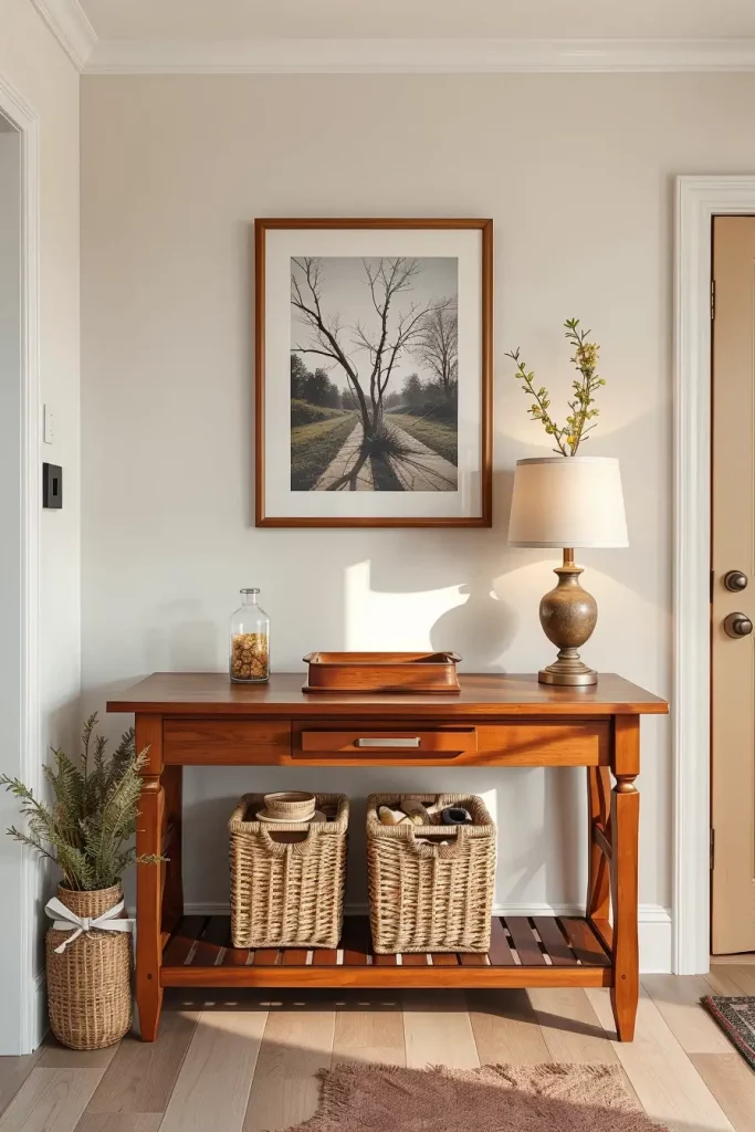 Entry table with cozy baskets