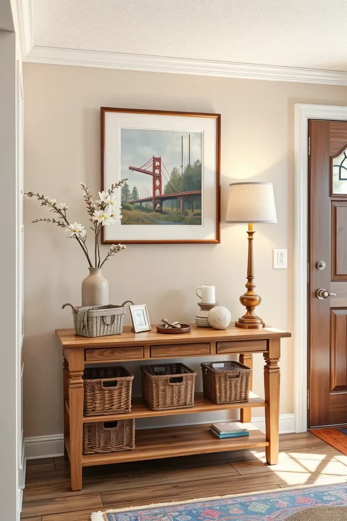 Entry table with woven baskets