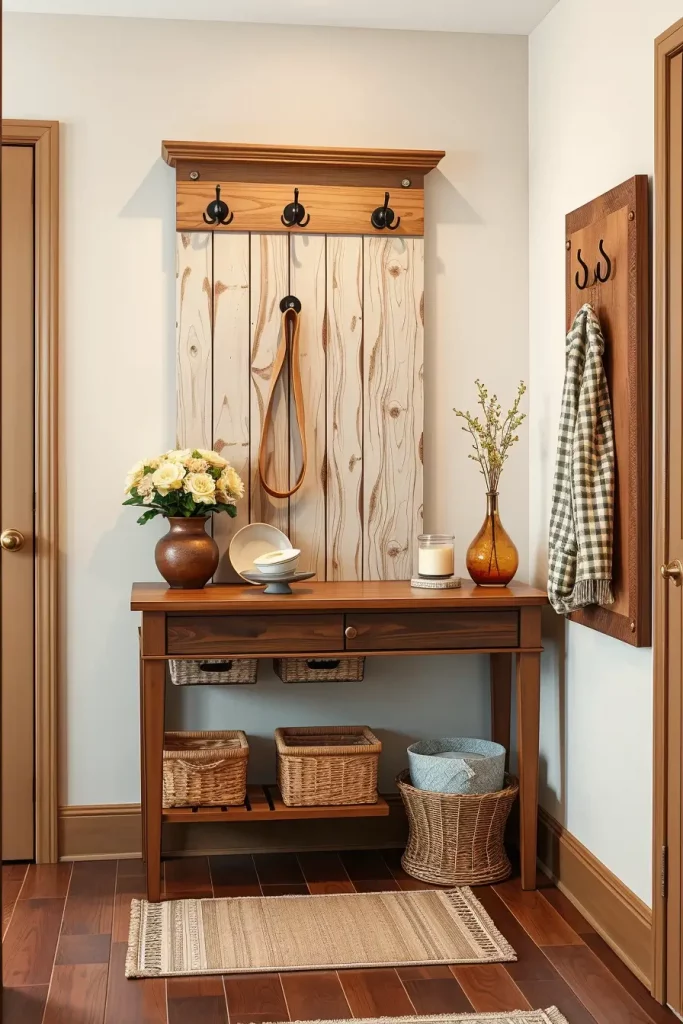 Entry table with hooks and shelves