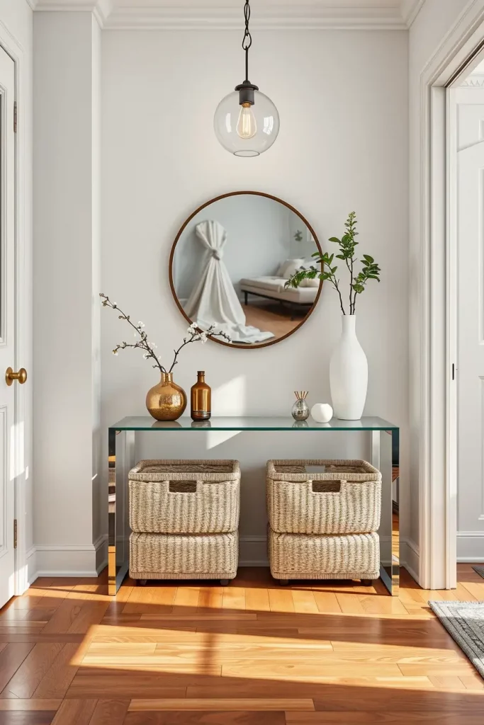 Glass top entry table with storage