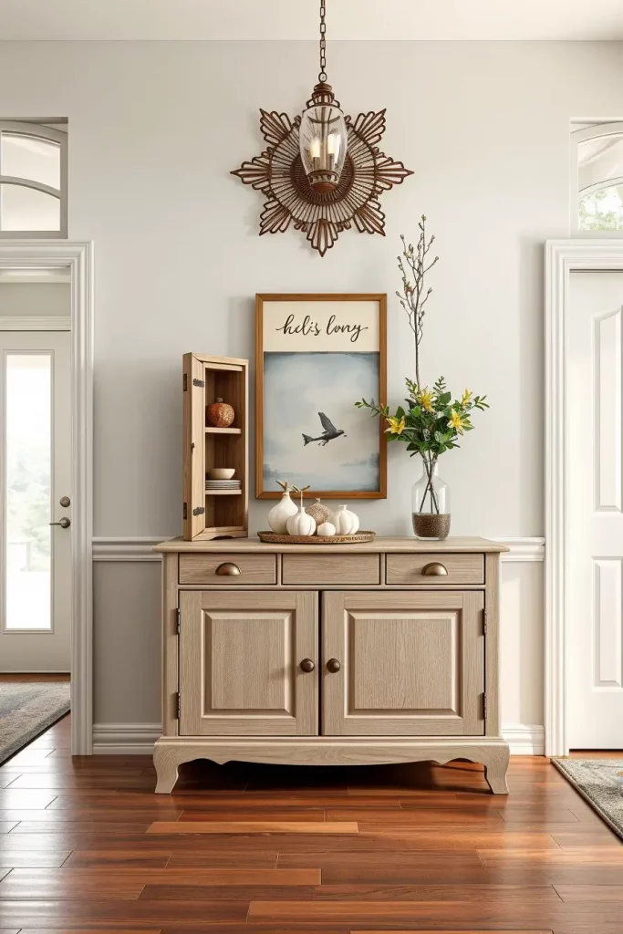 Oak entry table with cabinets
