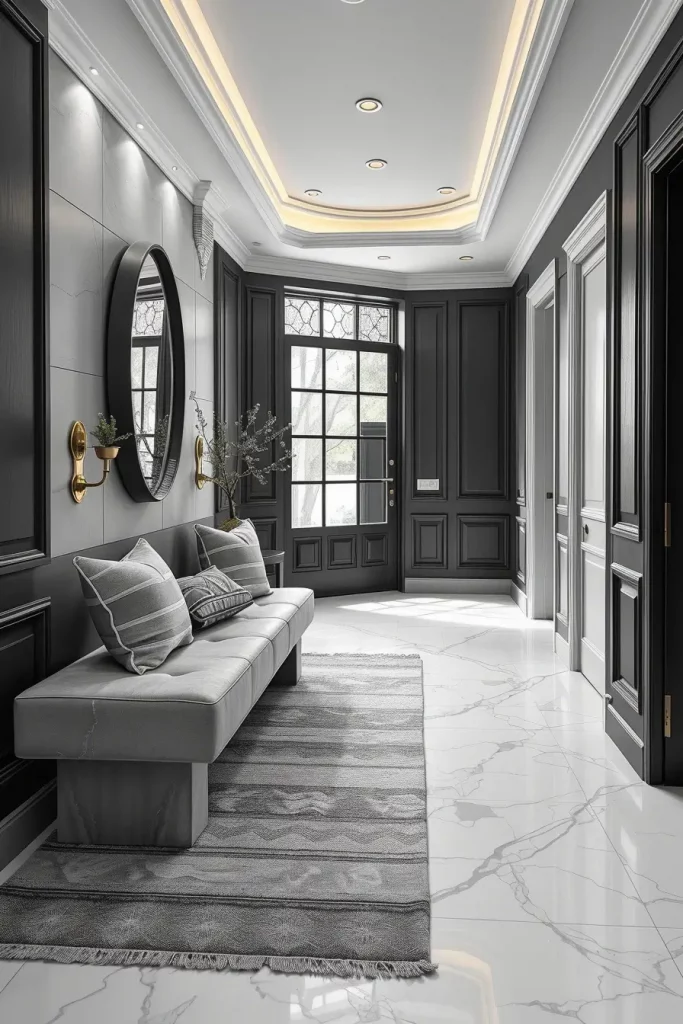 Textured wallpaper and concrete bench