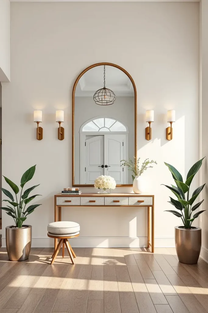 Entryway with arched mirror and lamps