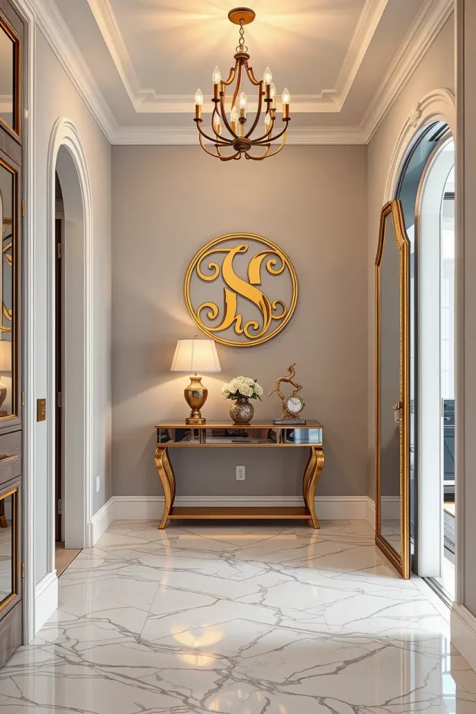 Brass monogram in entryway