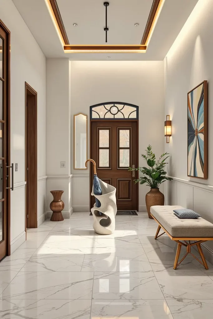 Sculptural umbrella stand in foyer