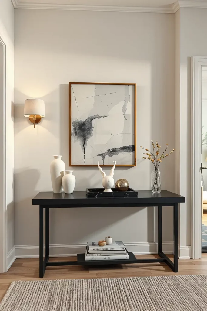 Abstract ceramic sculptures on entry table