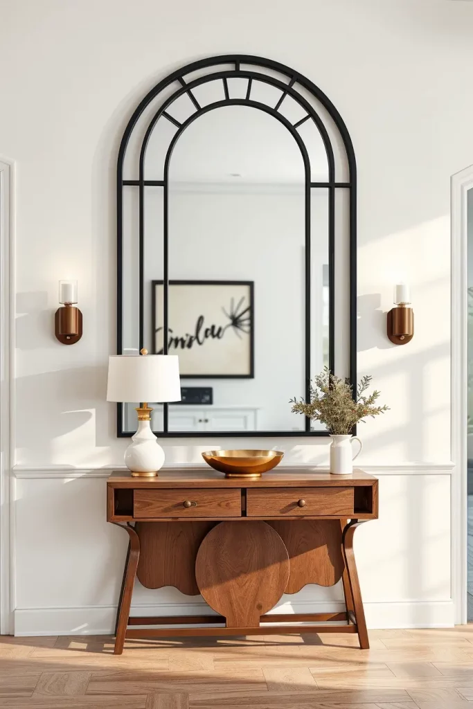 Designer mirror above entry table