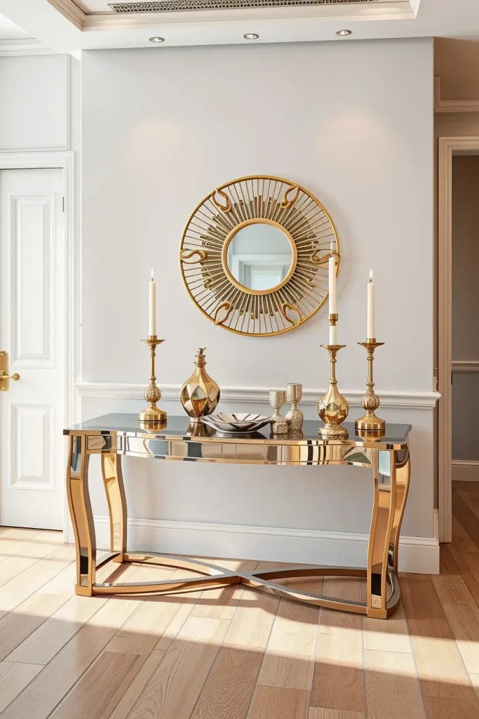 Metallic accents on entry table