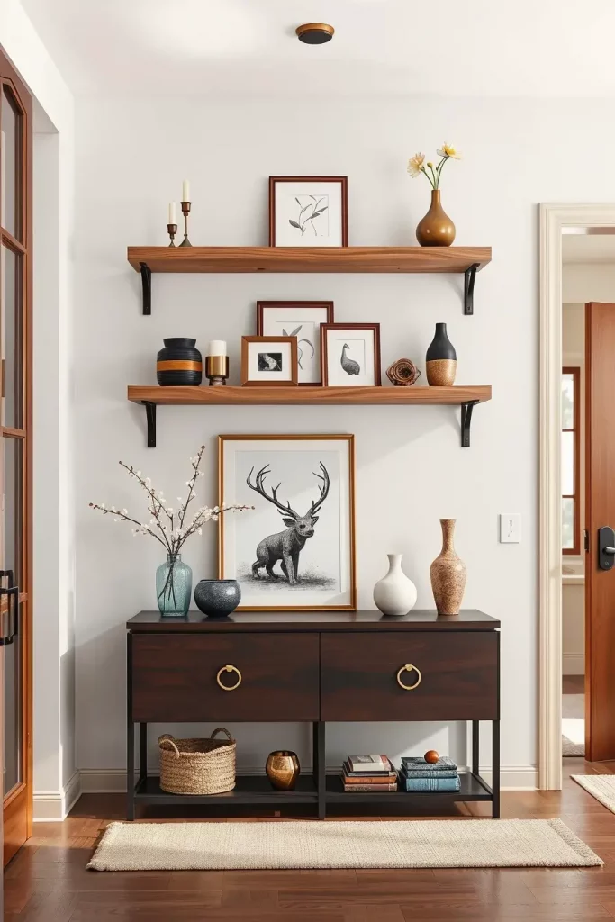 Floating shelves above entry table