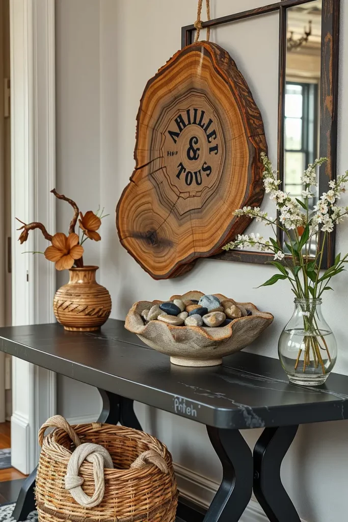 Natural wood and stone decor on entry table