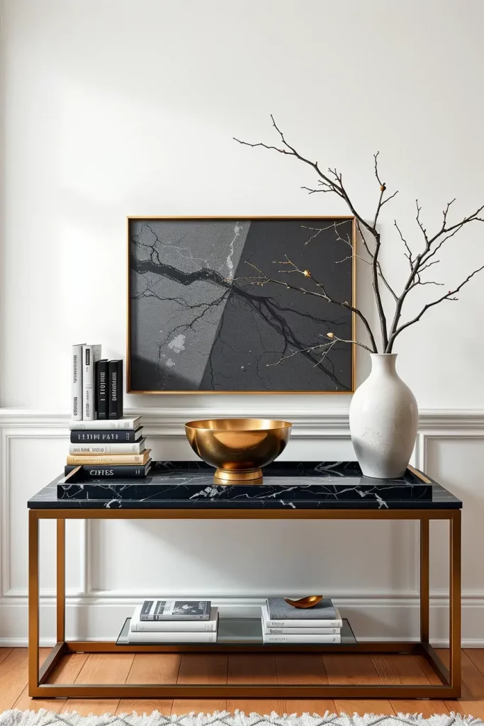Black marble accents on entry table