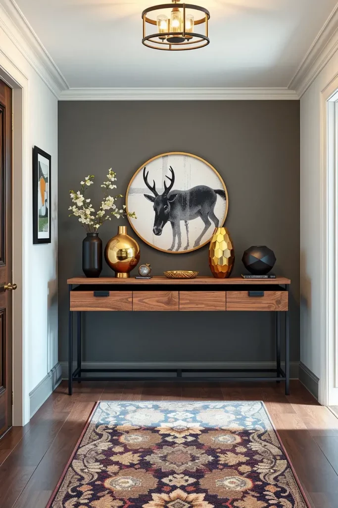 Entry table with geometric brass objects