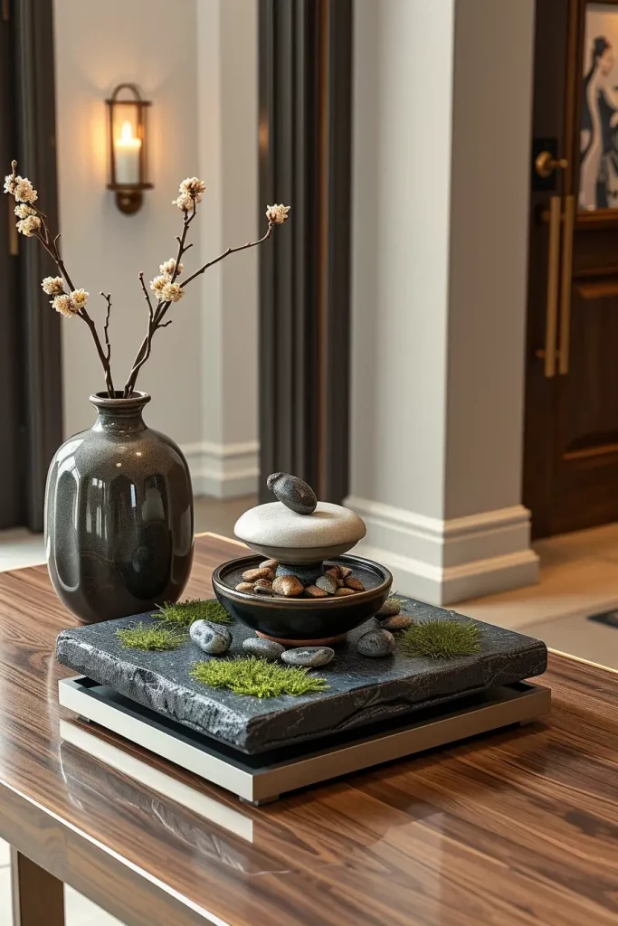 Entry table with fountain and decor