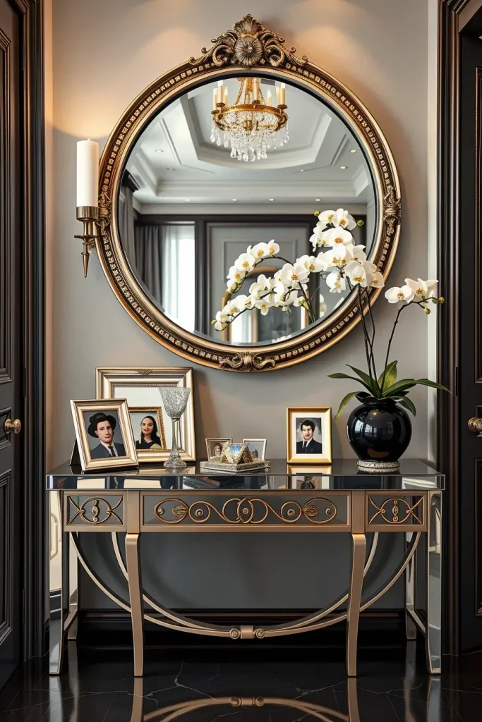 Mirrored entry table with decor