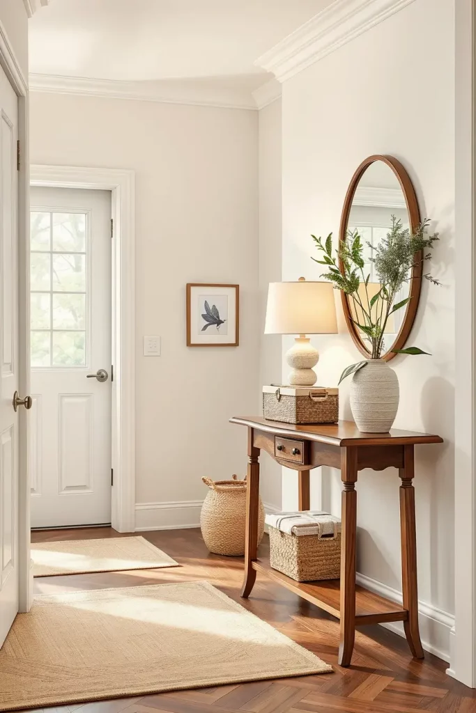 Entry table with neutral decor and mirror