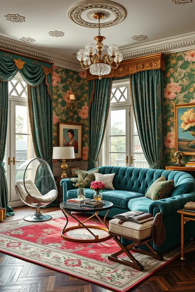 Victorian velvet sofa with mid-century modern plastic chairs