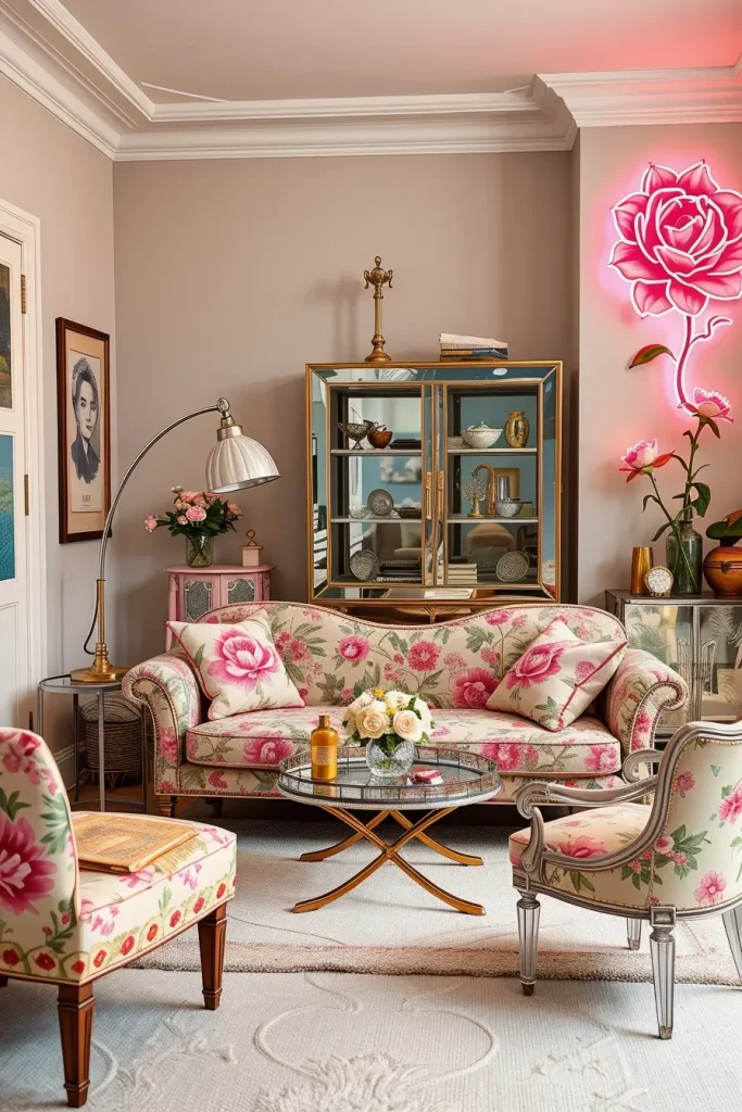 Chintz floral sofa with chrome furniture