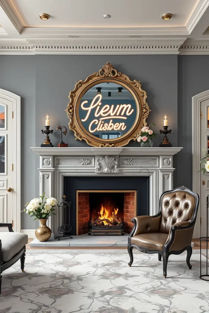 Marble fireplace mantel with neon art above