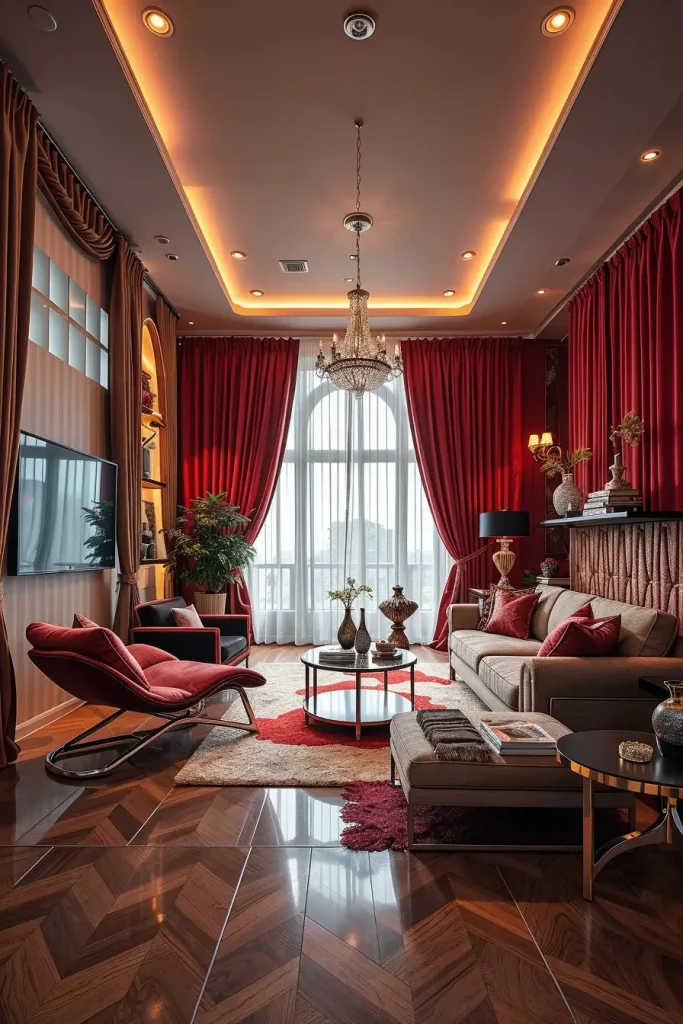 Futuristic living room with velvet curtains and modern furniture