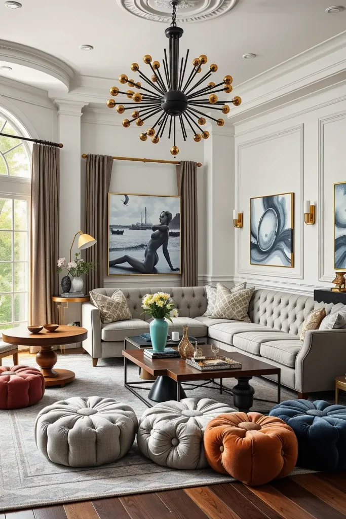 Sputnik chandelier above Queen Anne tables