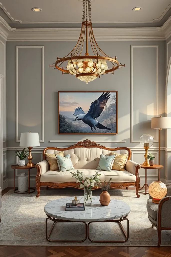 Edwardian settee with holographic pillows