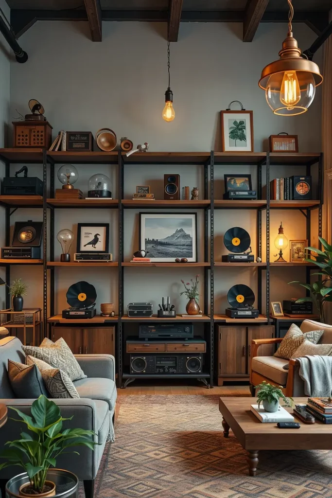 Shelves with glass domes, phonographs, and VR headsets