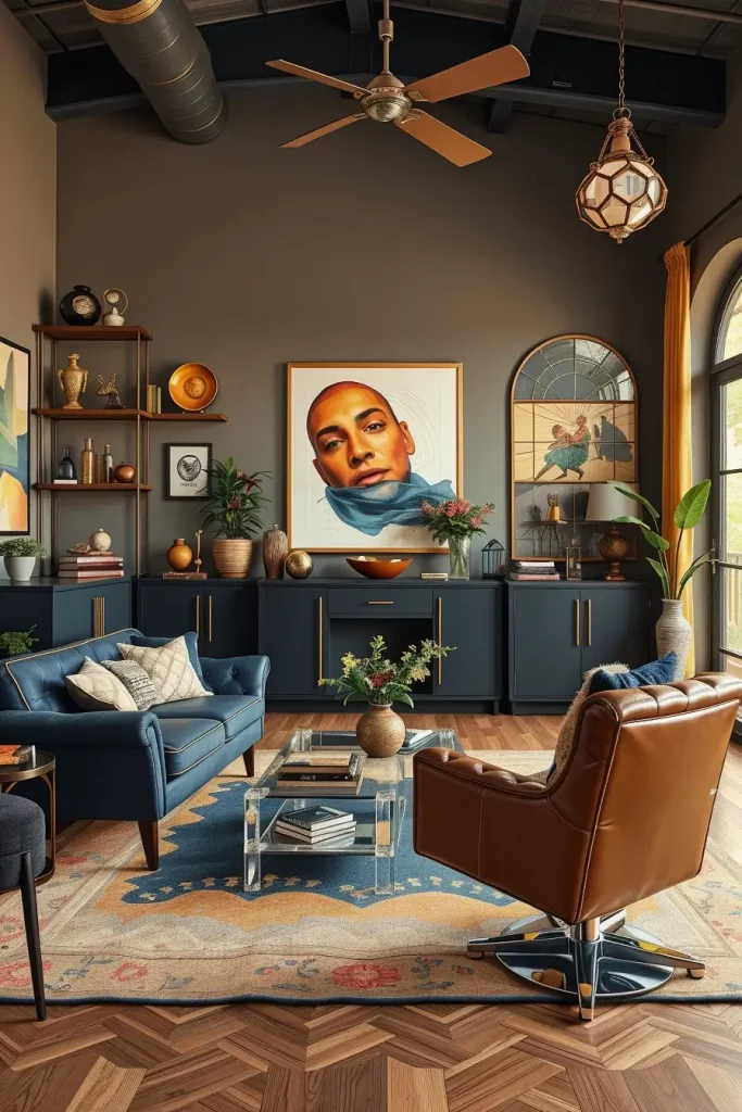 Eclectic living room with thematic zones