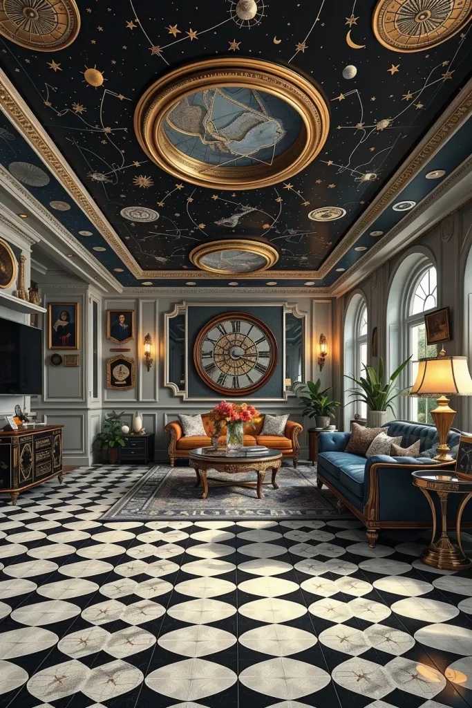 Living room with optical illusion floor and star map ceiling