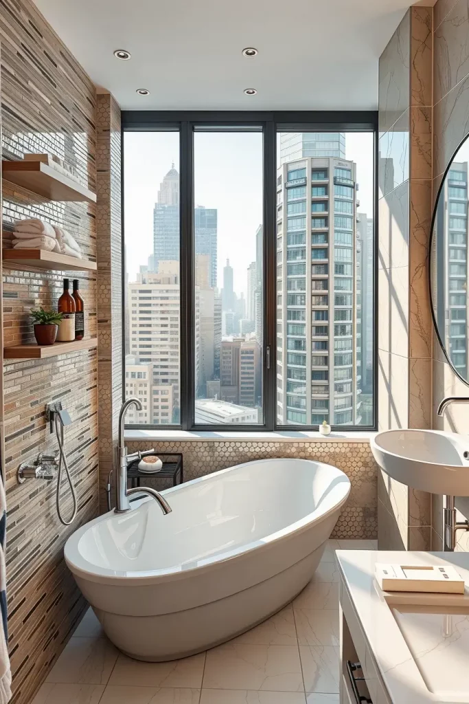 Urban bathroom with freestanding tub