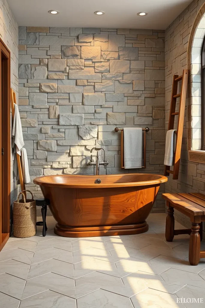 Wood-finished freestanding tub