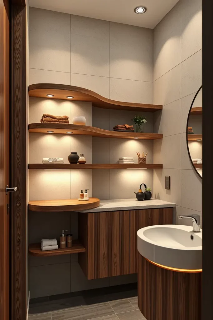 Curved floating bathroom shelves