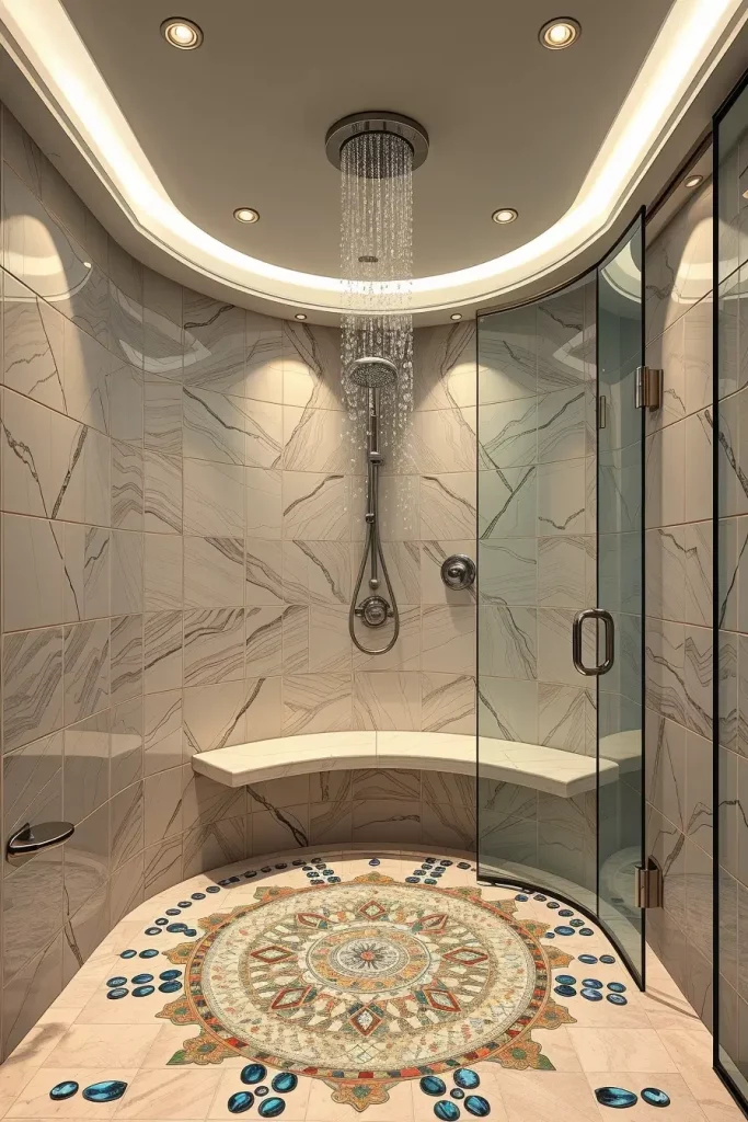 Curved shower bench and niche